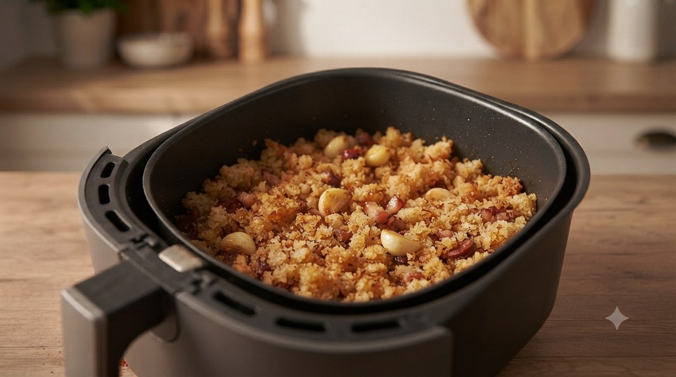 Migas cocinándose en la freidora de aire