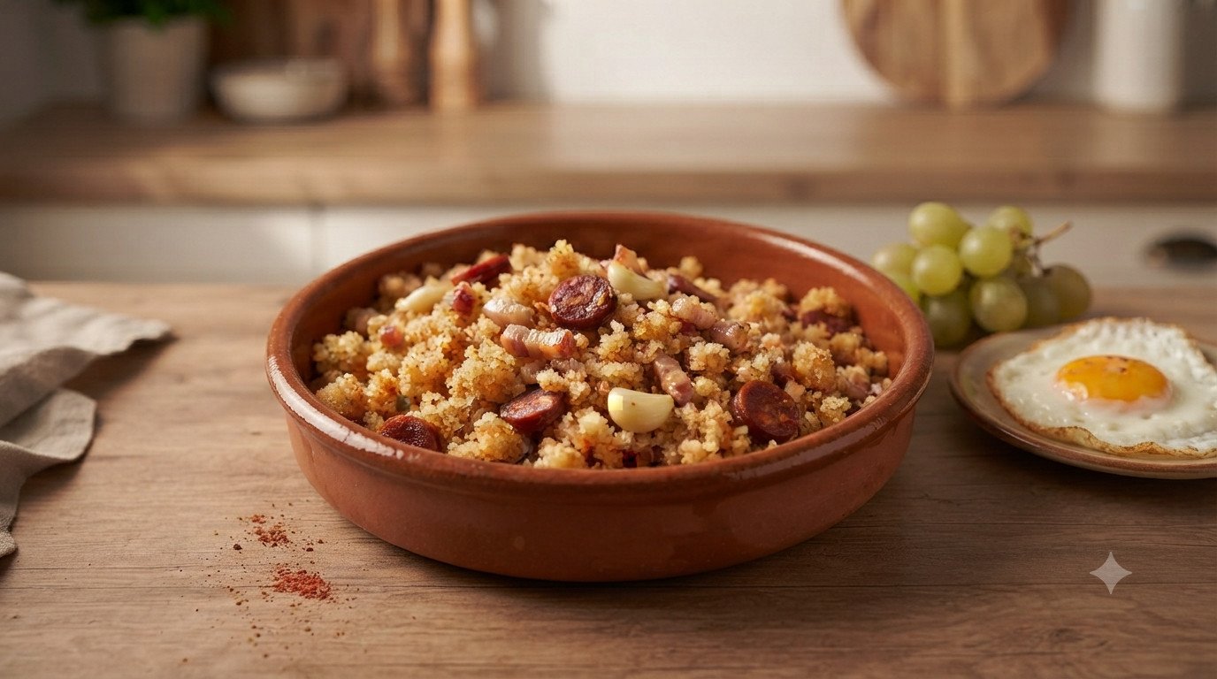 Migas en freidora de aire terminadas con panceta y chorizo