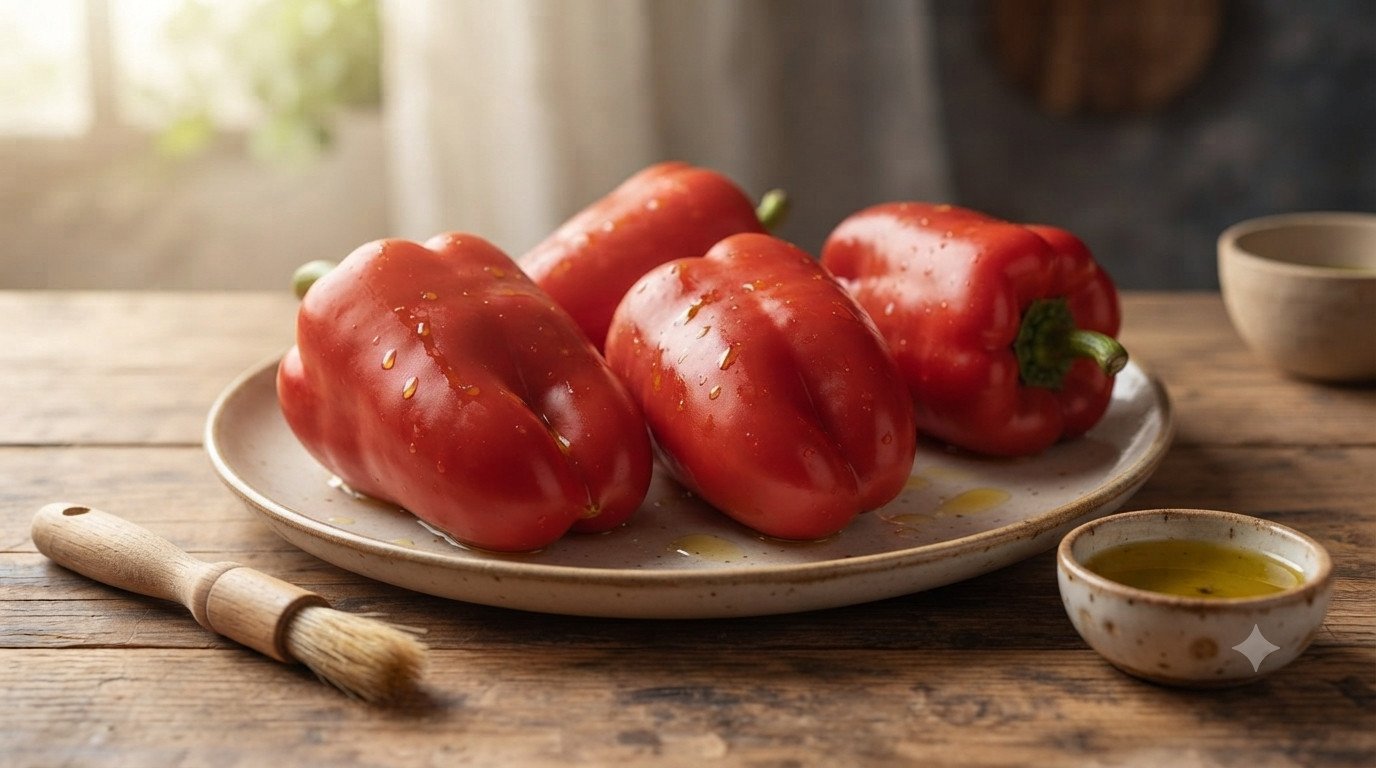 Pimientos rojos preparados para asar en la freidora de aire