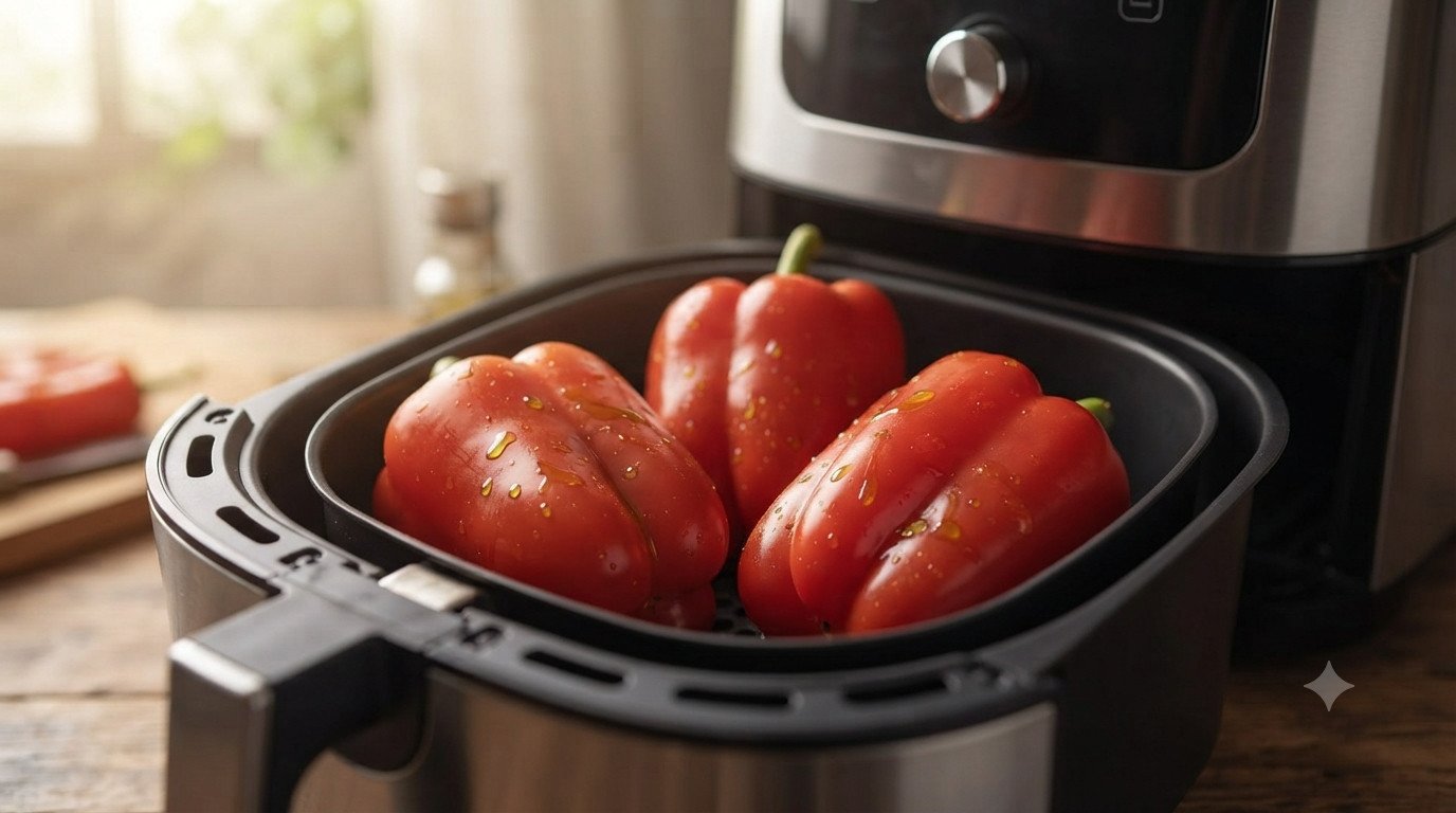 Pimientos enteros colocados en la cesta de la freidora de aire