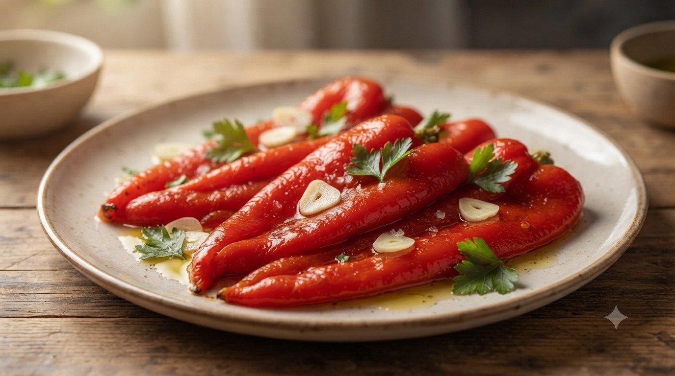 Pimientos asados pelados y cortados en tiras
