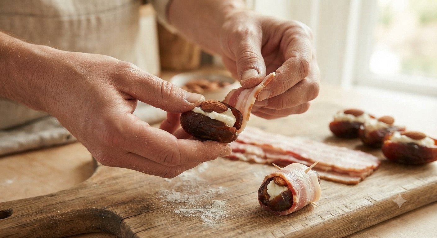 Dátiles deshuesados rellenos de queso crema y una almendra