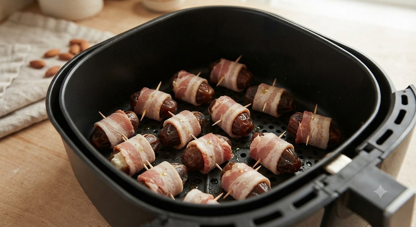 Dátil relleno envuelto con una tira de bacon, asegurada con un palillo