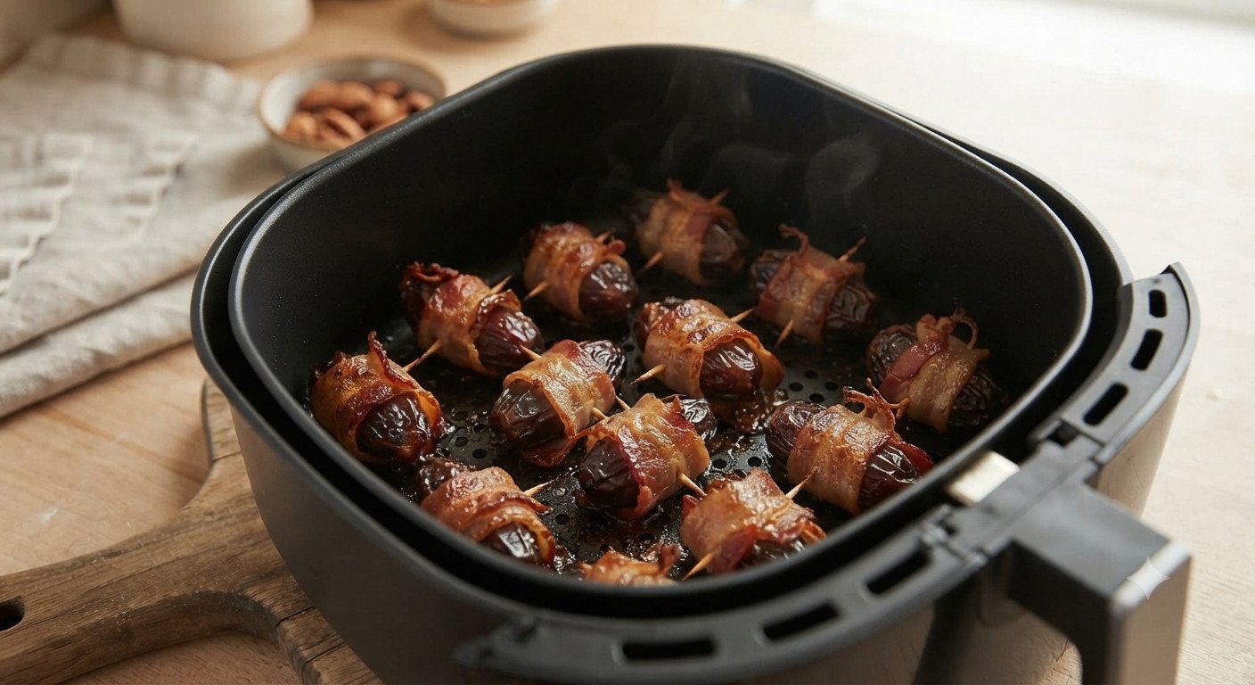 Dátiles envueltos en bacon colocados en la cesta de la freidora de aire