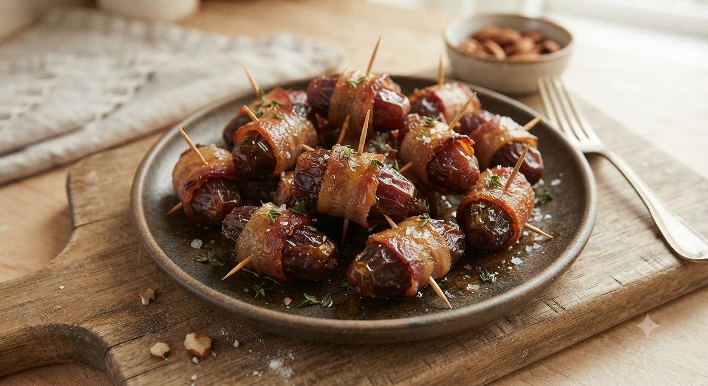 Dátiles con bacon dorados y crujientes recién sacados de la freidora