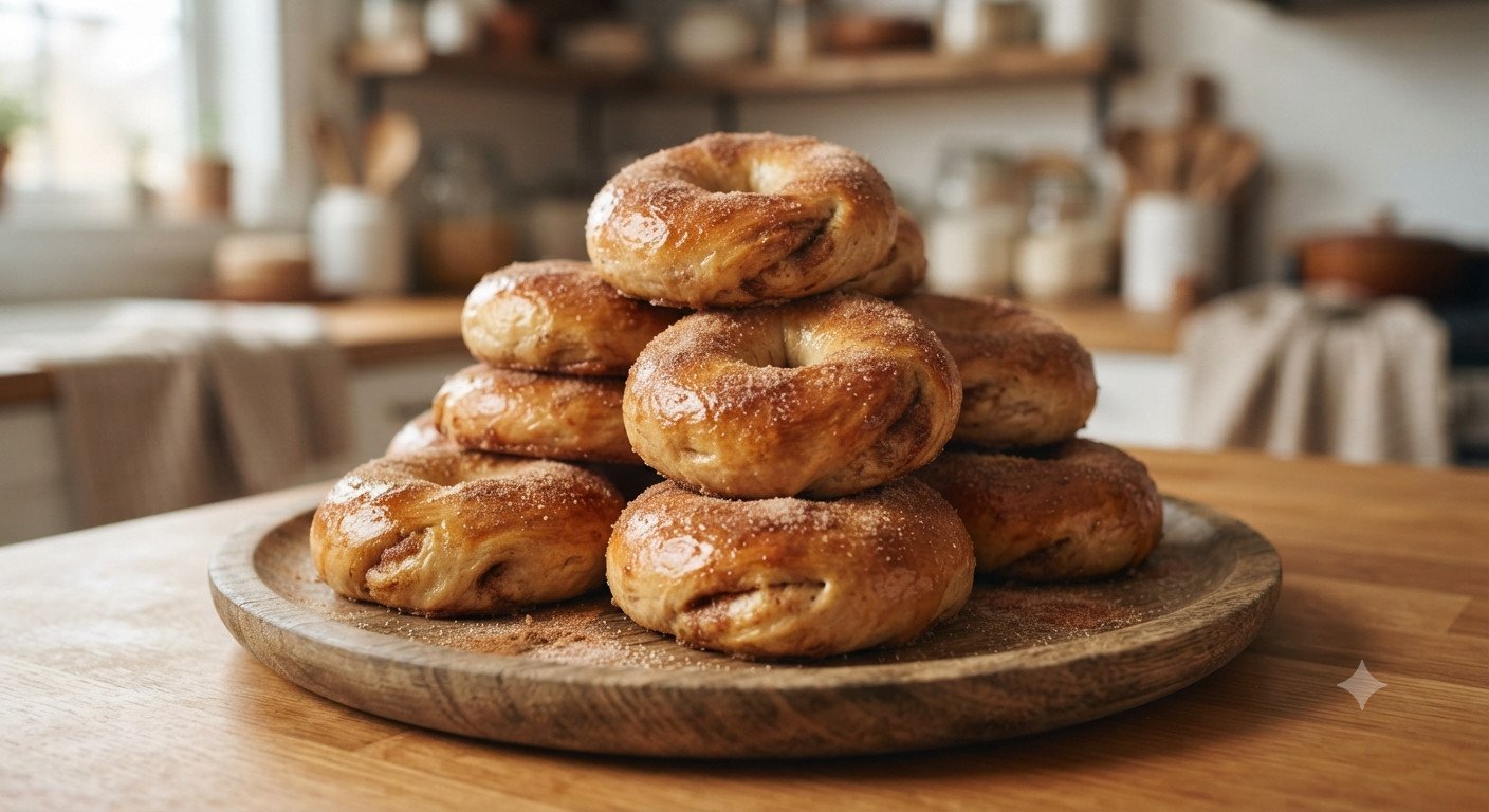 Bagels de canela dorados y brillantes en freidora de aire