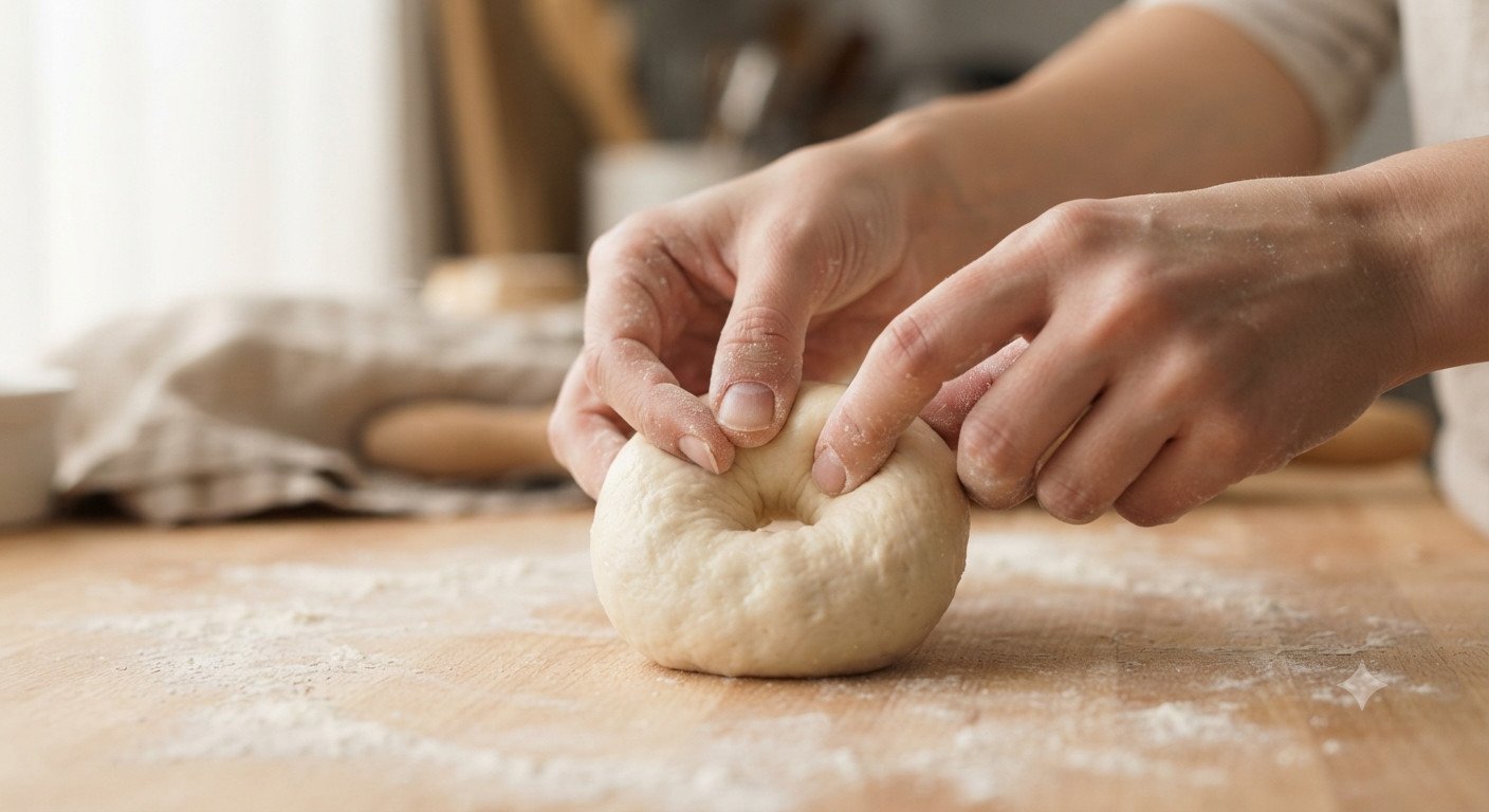 Manos formando el agujero central de un bagel con la masa