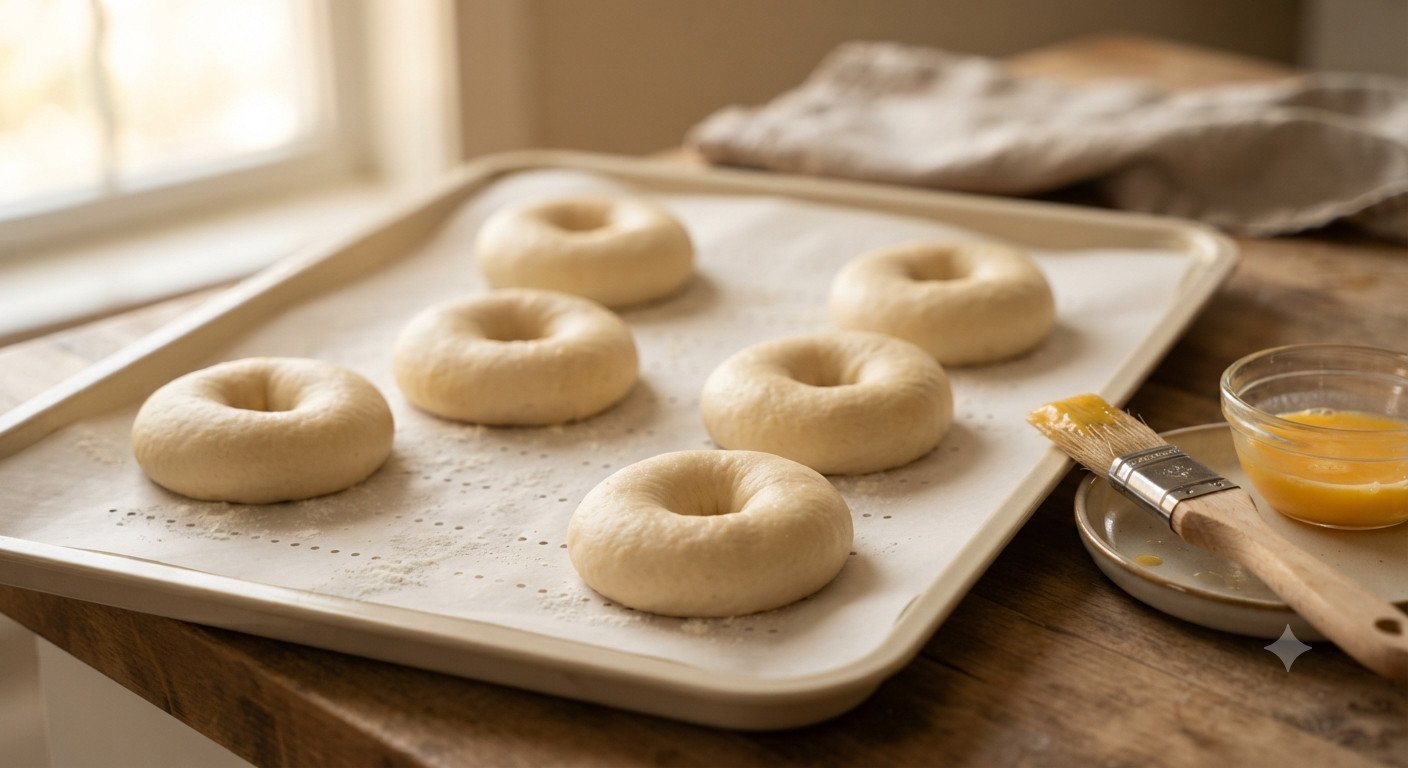 Bagels formados sobre papel de horno con huevo batido y brocha al lado