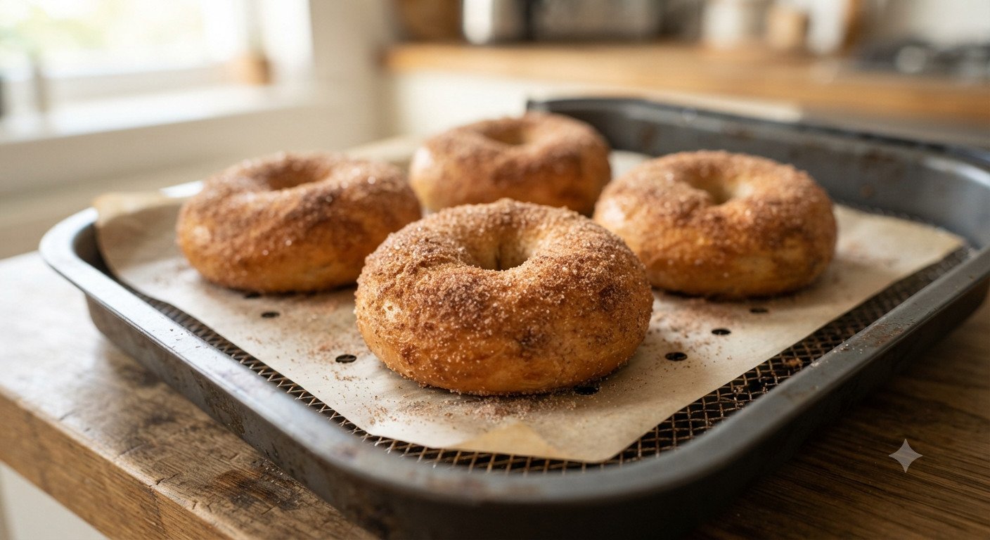 Bagels de canela dorados y crujientes recién sacados de la freidora