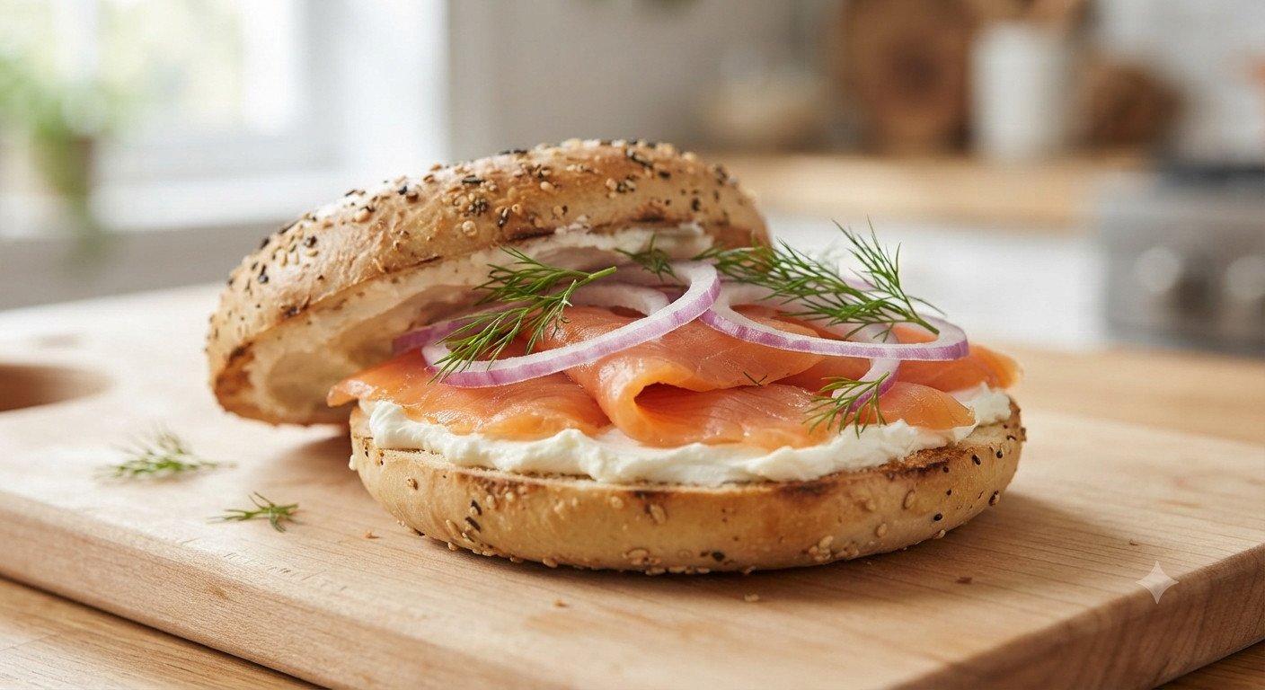 Bagel de salmón ahumado y queso crema en freidora de aire