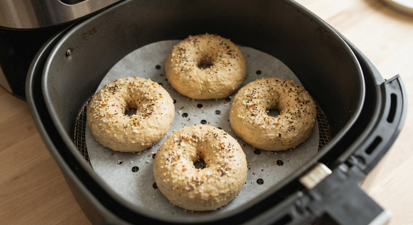Bagels enteros dentro de la cesta de la freidora de aire