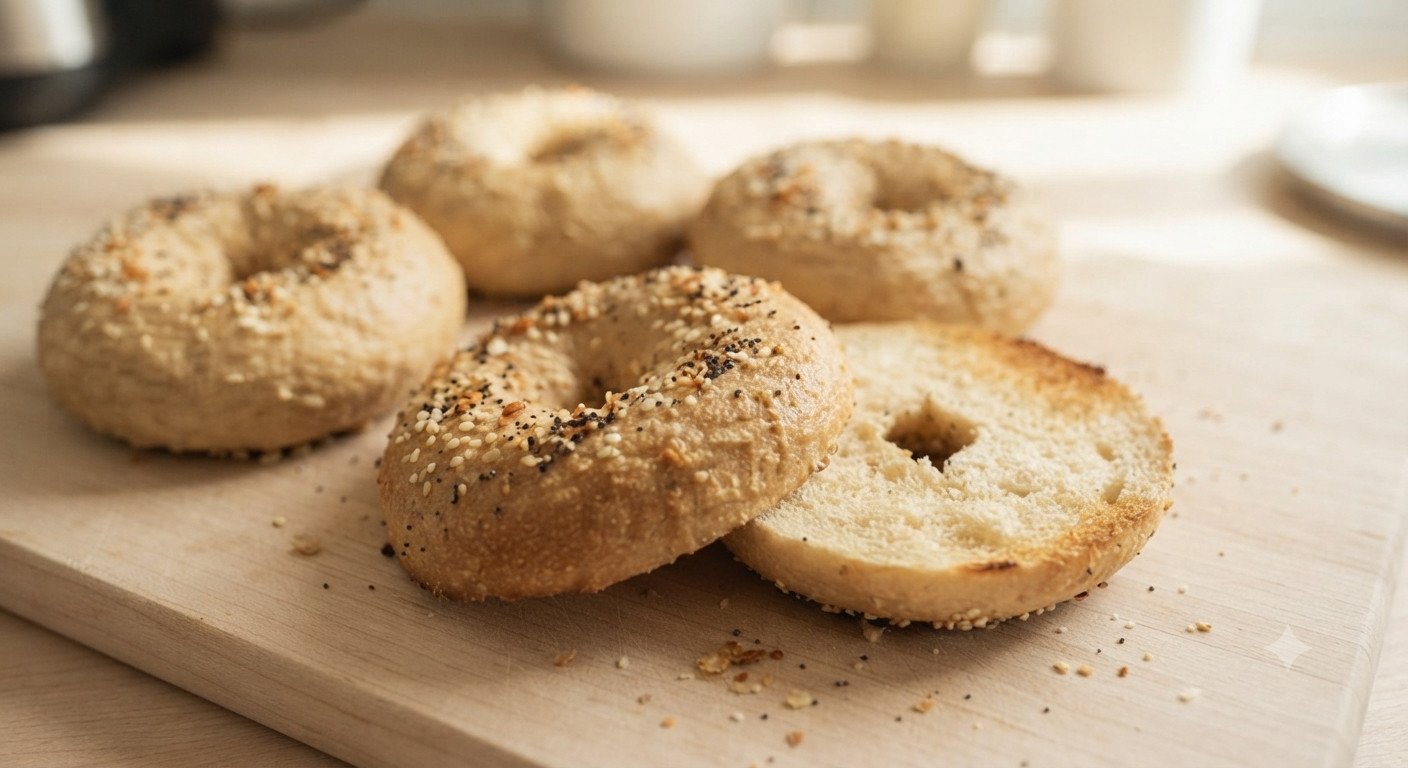 Bagels tostados y dorados recién sacados de la freidora, cortados por la mitad