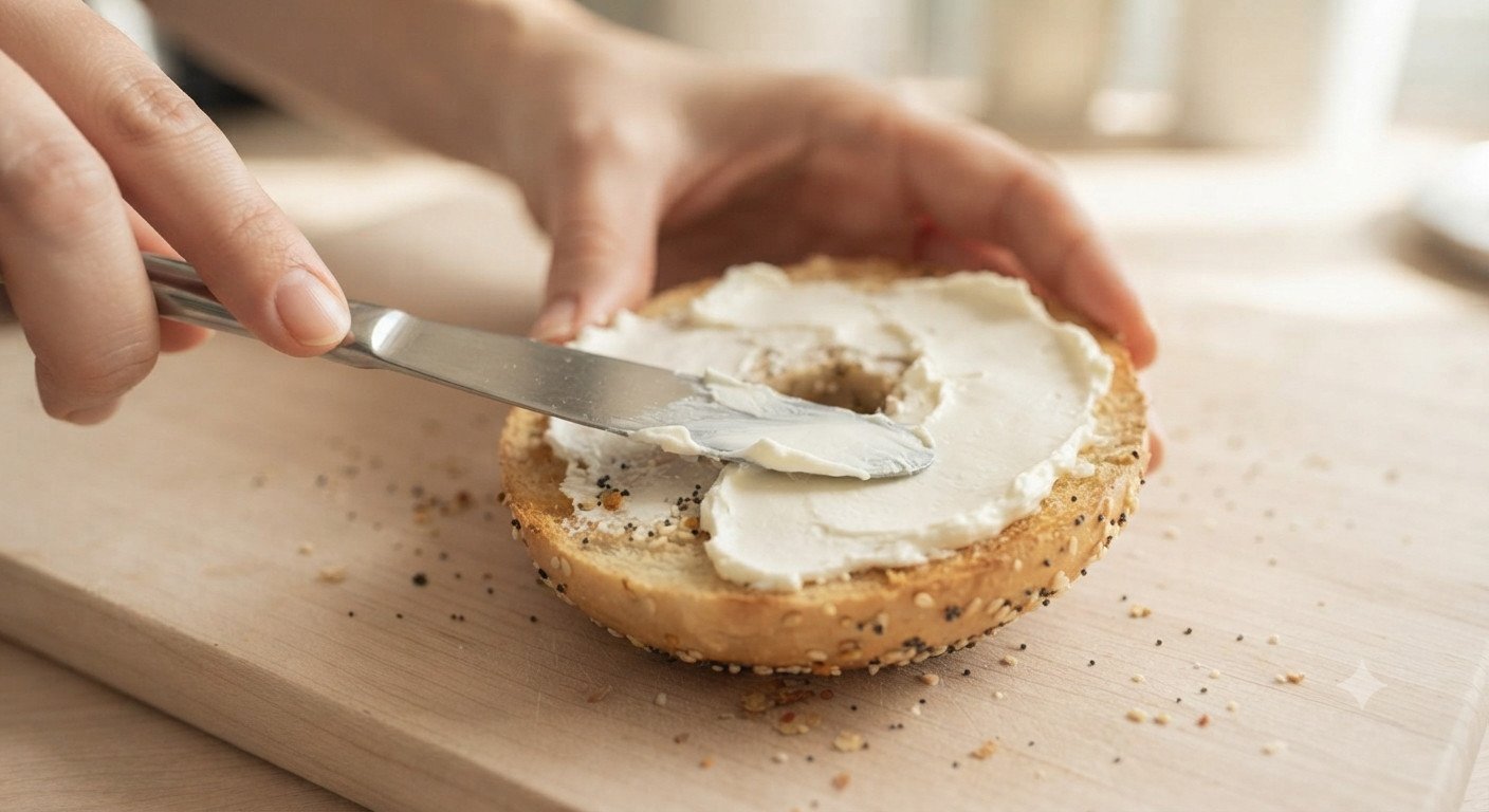 Queso crema siendo untado sobre una mitad de bagel tostado