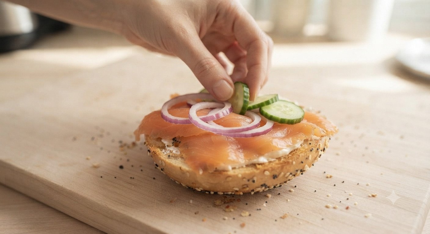 Salmón ahumado, cebolla morada y pepino colocándose sobre el bagel con queso crema