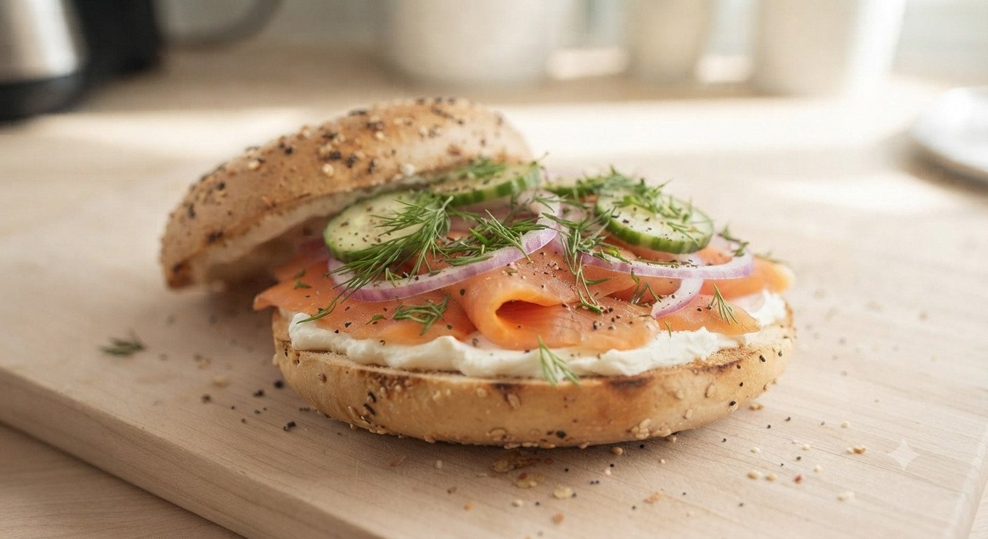 Bagel de salmón terminado con eneldo fresco por encima