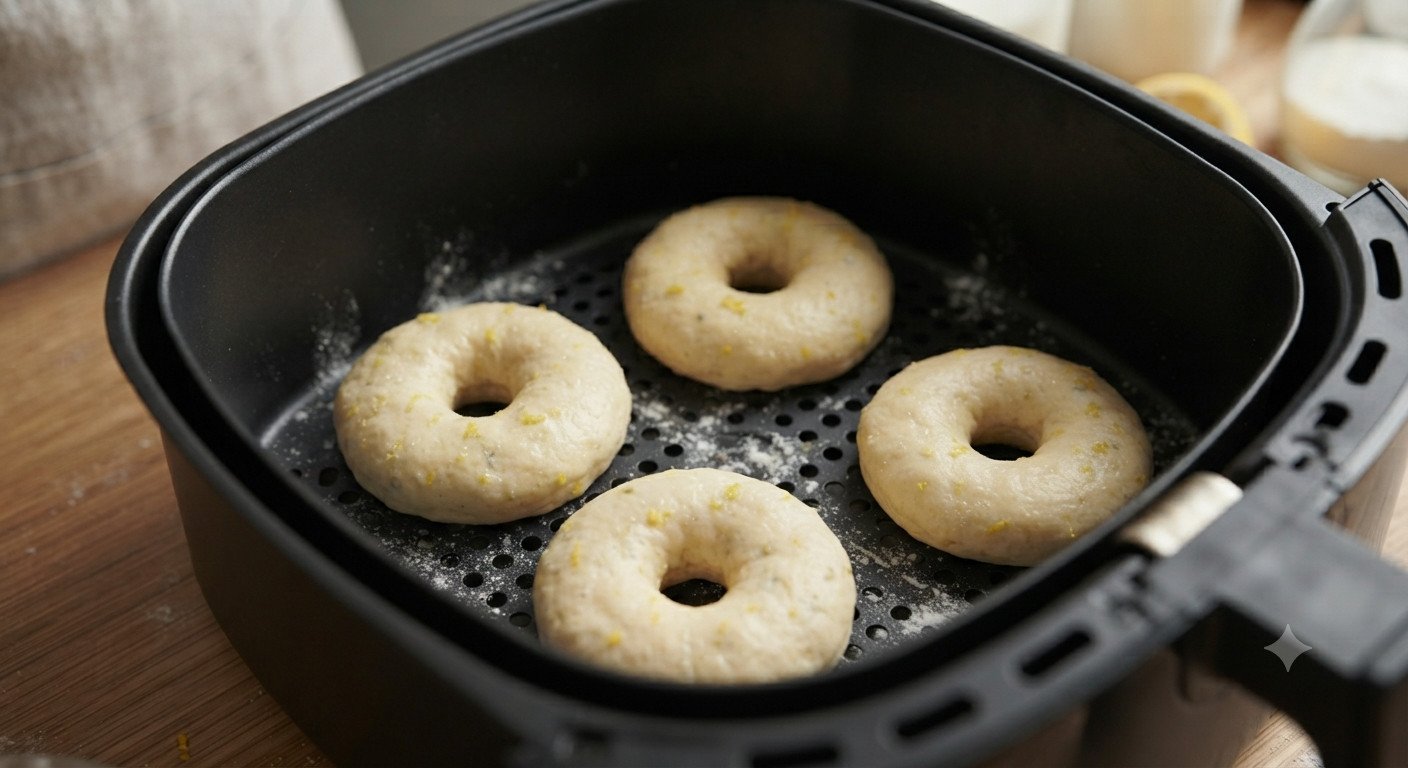 Donuts crudos formados dentro de la cesta de la freidora de aire