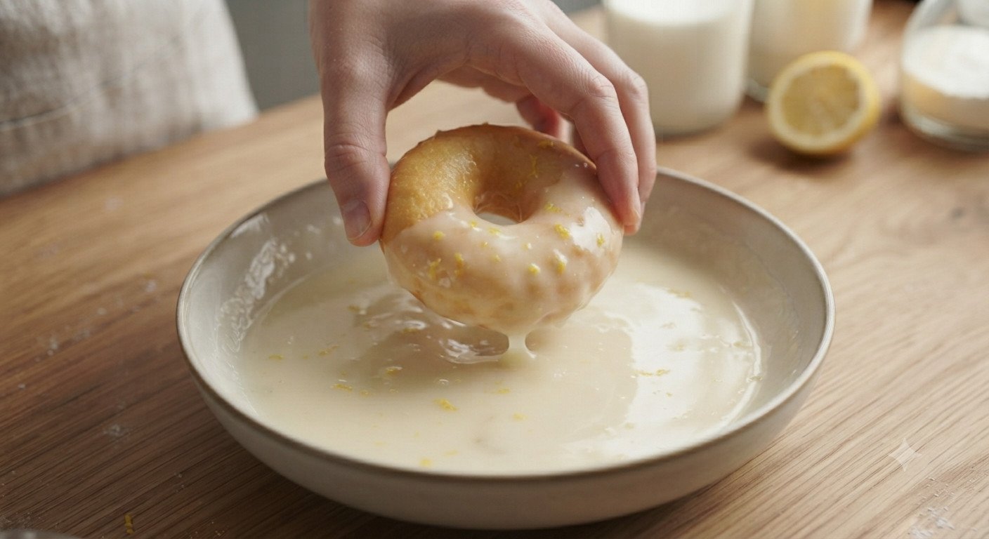 Donuts siendo bañados en glaseado de limón brillante