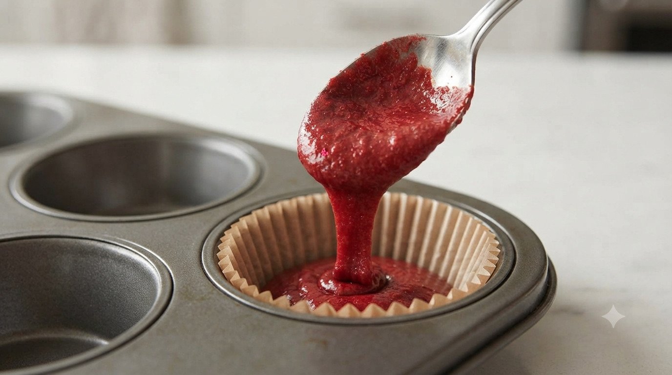 Masa roja de cupcake siendo vertida en cápsulas de papel dentro de un molde metálico
