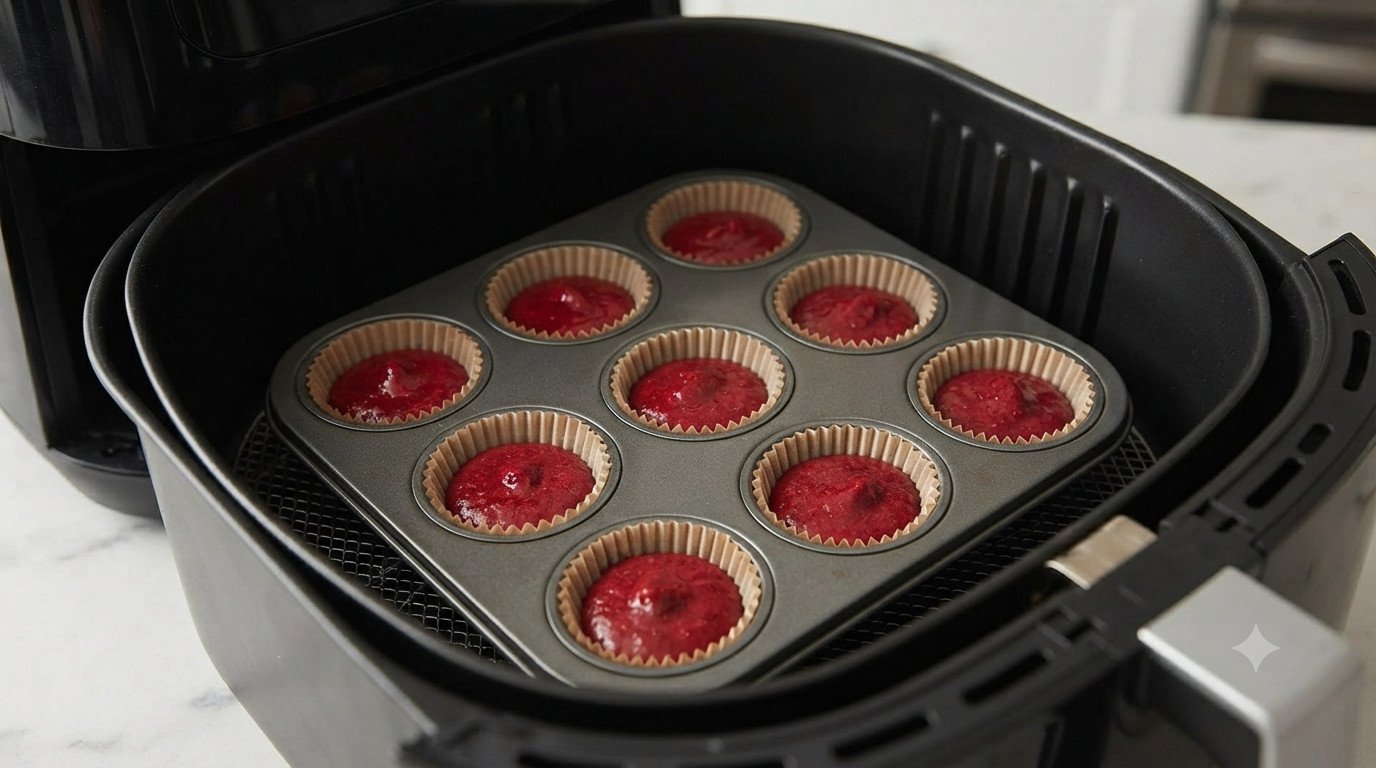 Molde de cupcakes dentro de la cesta de la freidora de aire