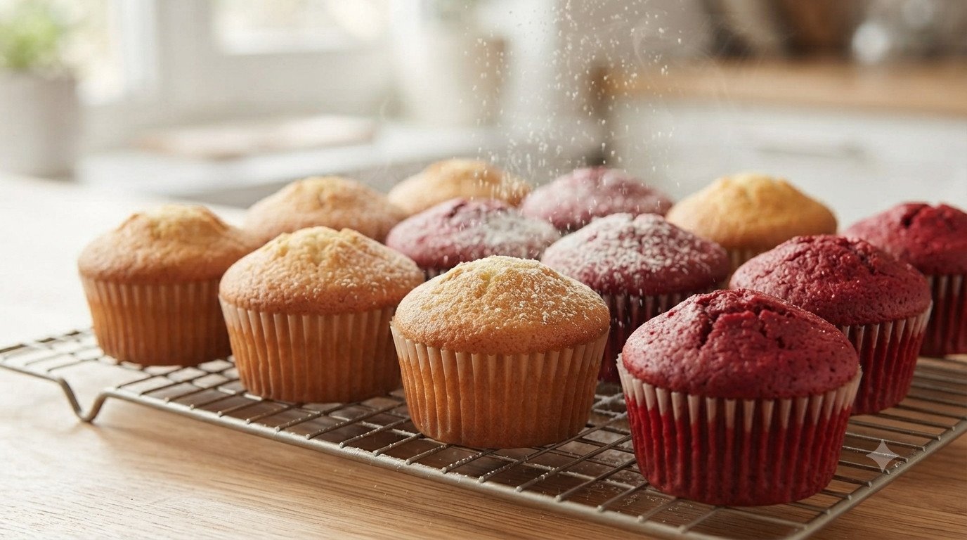Cupcakes red velvet horneados enfriándose sobre una rejilla