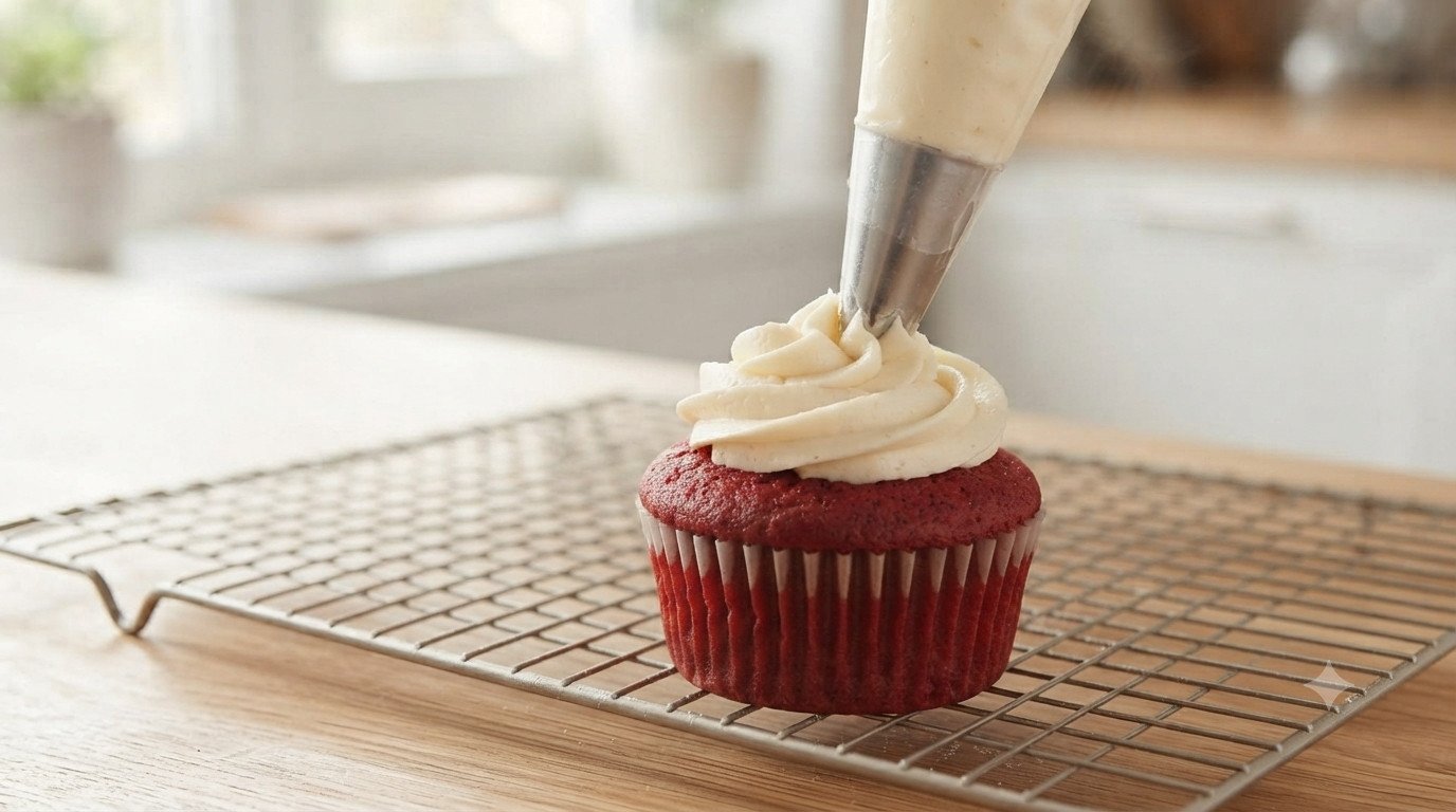 Frosting de queso crema siendo aplicado con manga pastelera sobre un cupcake red velvet