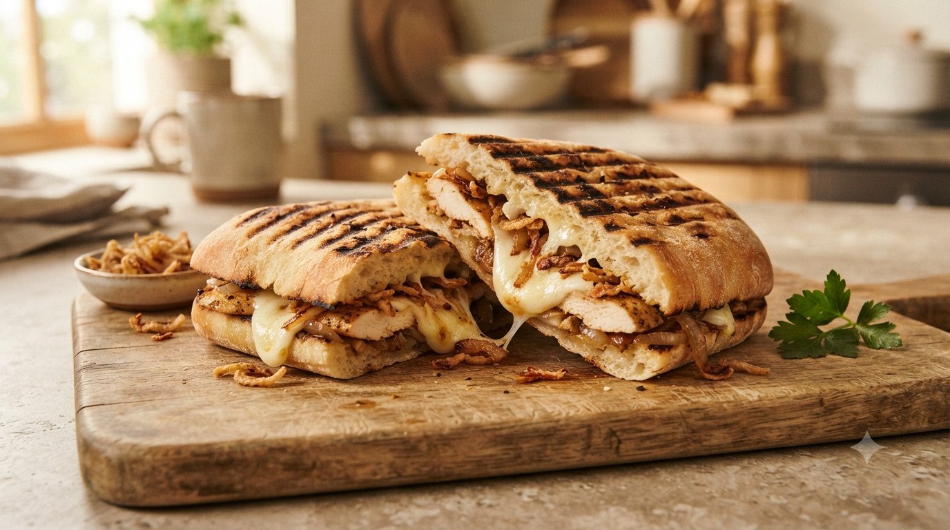 Panini de pollo con mozzarella y cebolla frita en freidora de aire