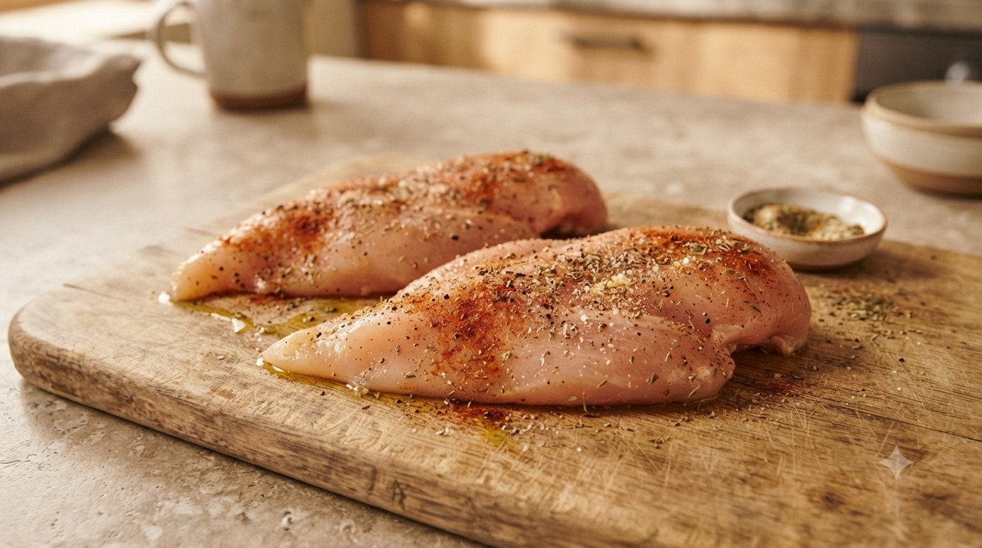 Filetes de pollo sazonados sobre una tabla