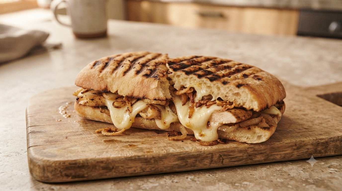 Panini dorado y prensado con el queso fundido asomando por los lados