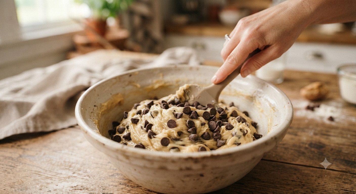 Pepitas de chocolate siendo incorporadas a la masa de galleta