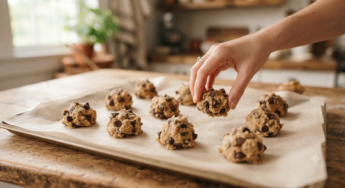 Bolas de masa de galleta formadas sobre papel de horno