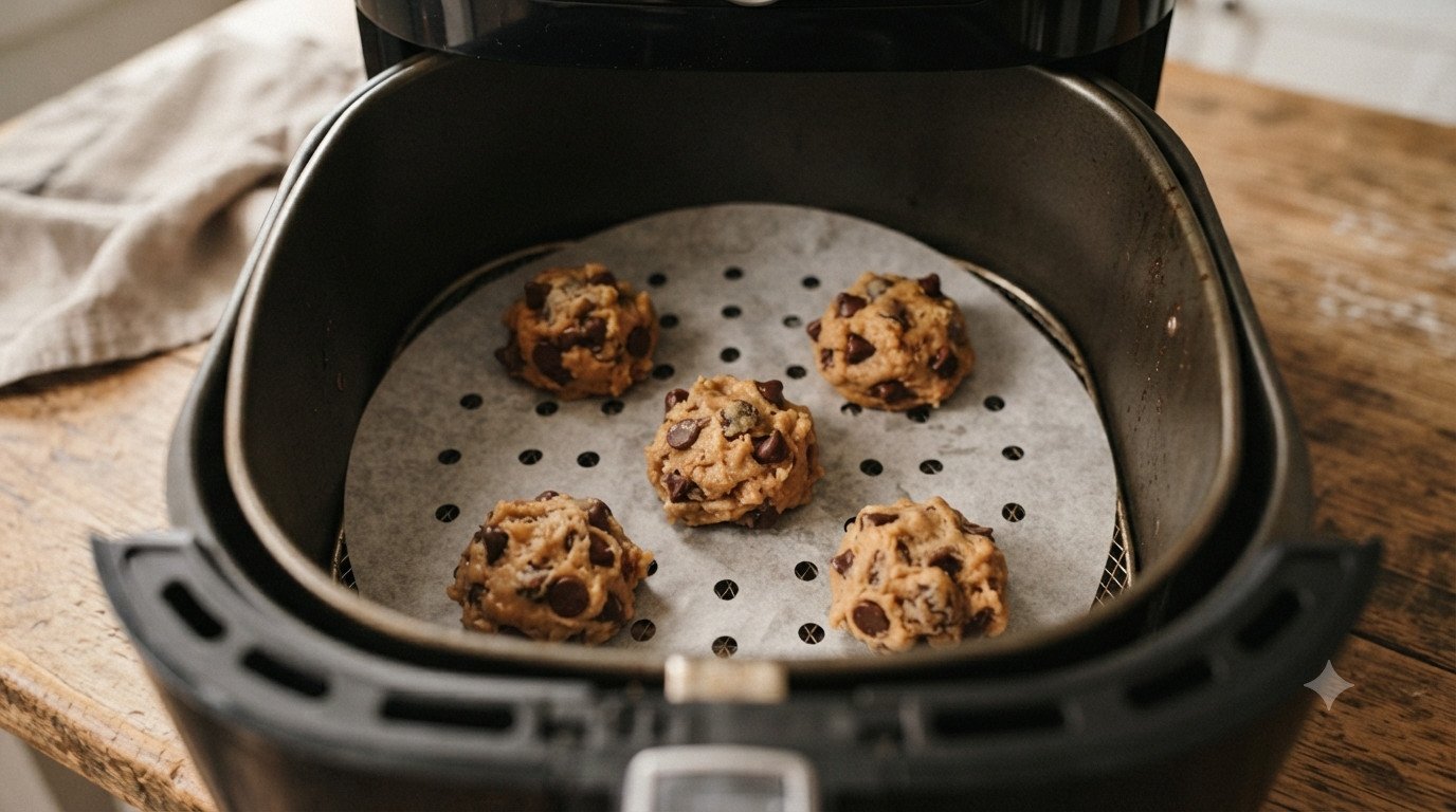 Galletas crudas dentro de la cesta de la freidora de aire