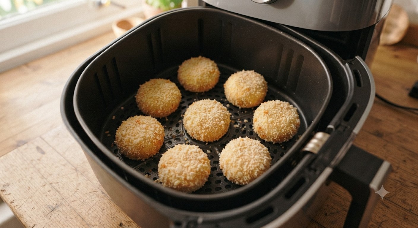 Quesitos empanados dentro de la cesta de la freidora de aire