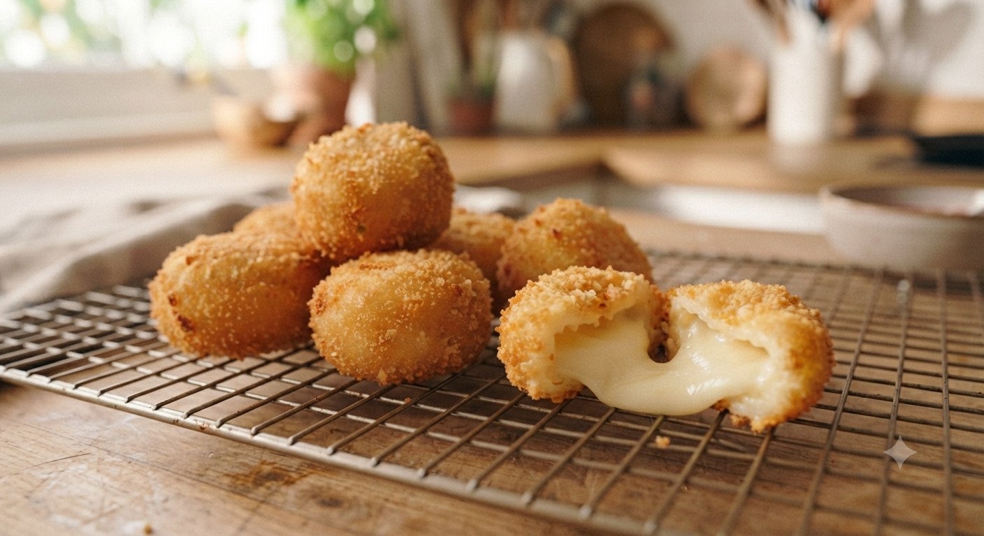 Quesitos Mini Babybel dorados y crujientes recién sacados de la freidora, uno partido mostrando el fundido