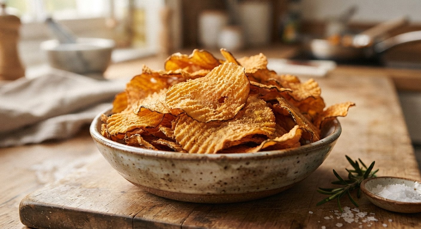 Chips de calabaza doradas y crujientes en freidora de aire