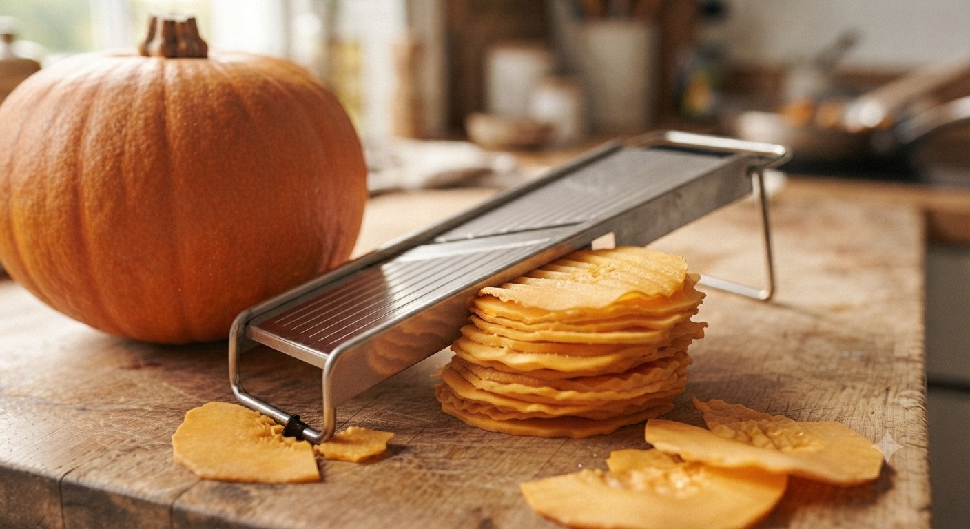 Calabaza cortada en láminas muy finas con una mandolina