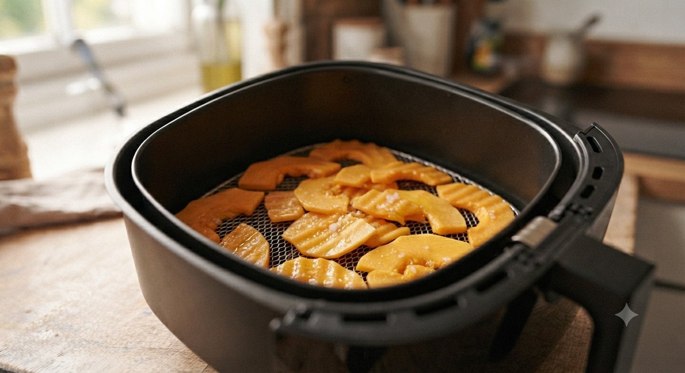 Láminas de calabaza dentro de la cesta de la freidora de aire, en una sola capa