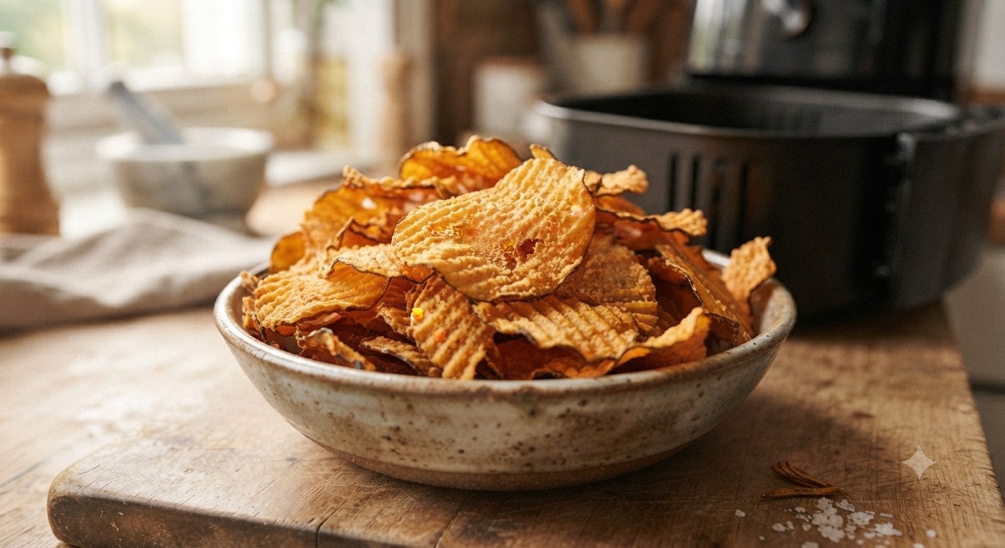 Chips de calabaza doradas y crujientes recién sacadas de la freidora, servidas en un bol