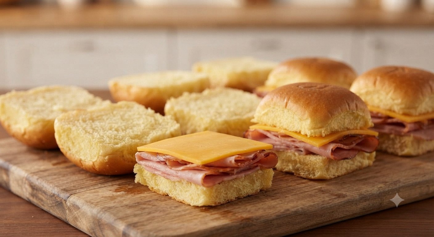 Mini panes brioche cortados por la mitad, rellenos de jamón y queso