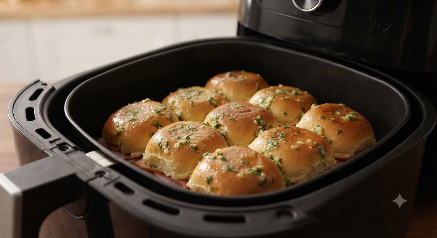 Sliders montados con la mantequilla de ajo untada por encima, dentro de la cesta de la freidora de aire