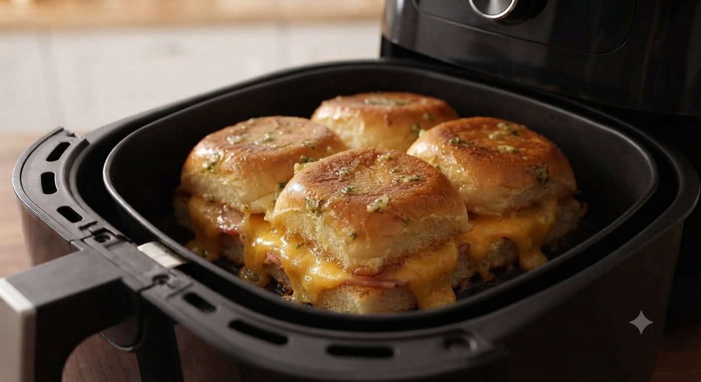 Sliders de jamón y queso dorados y con el queso fundido, recién sacados de la freidora de aire