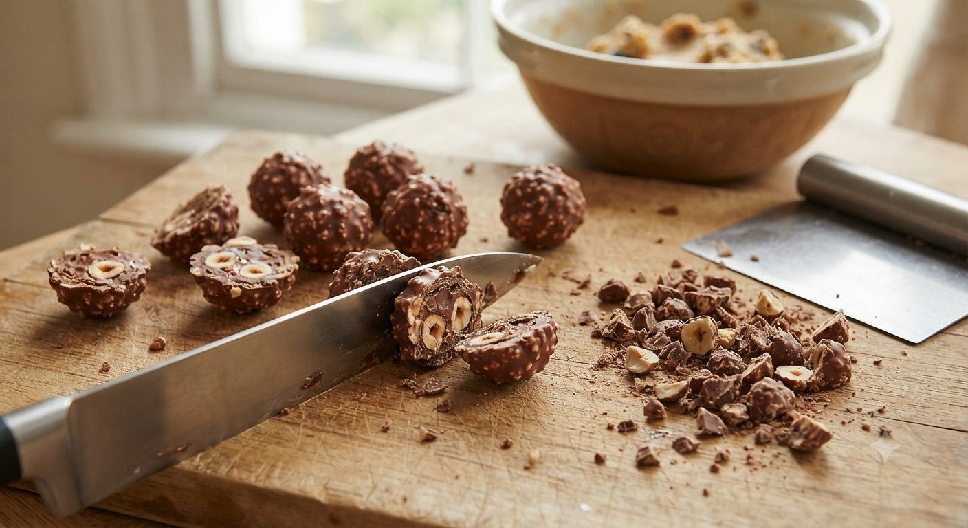 Bombones Ferrero Rocher troceados sobre una tabla, listos para incorporar a la masa