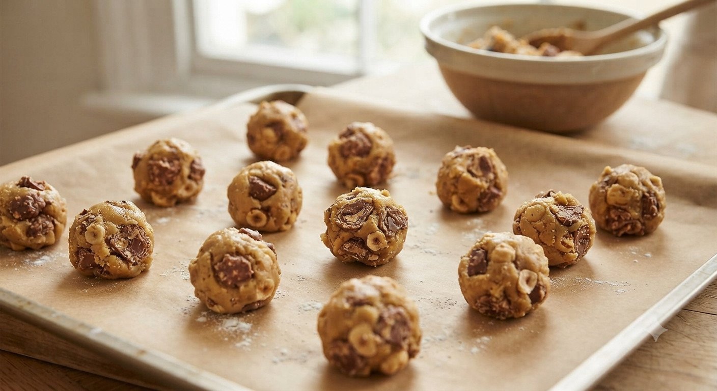 Bolas de masa de galleta con trozos de Ferrero Rocher visibles, formadas sobre papel de horno