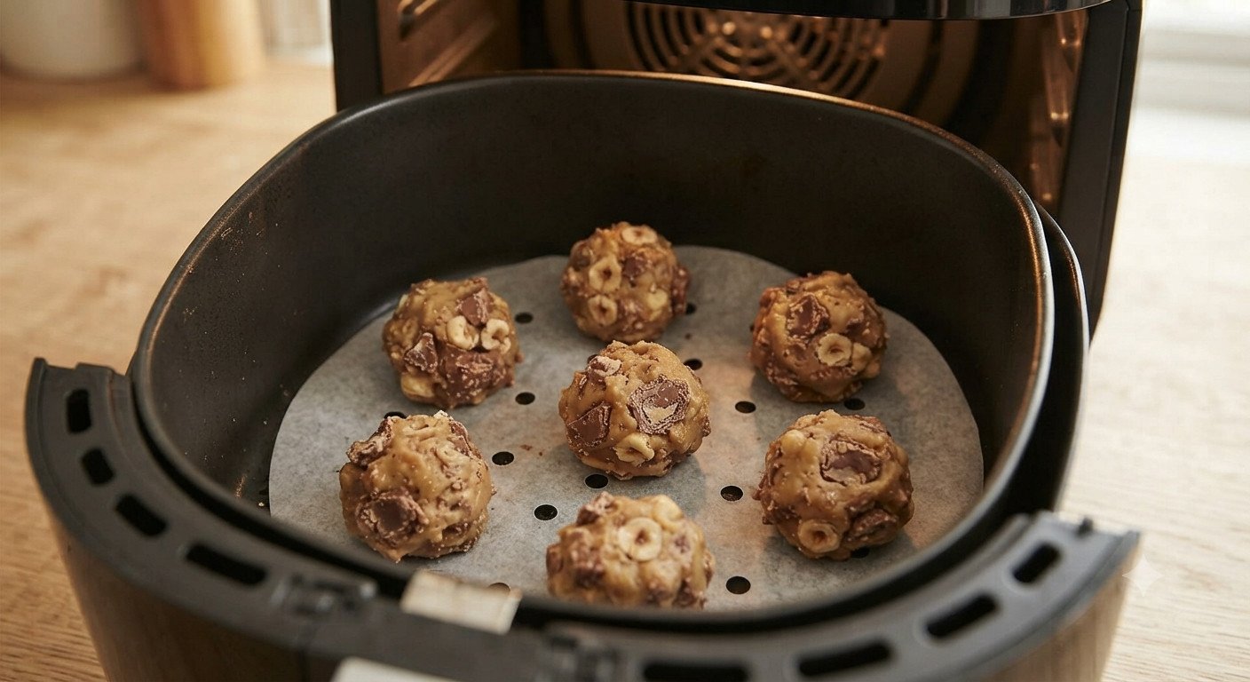 Galletas crudas dentro de la cesta de la freidora de aire