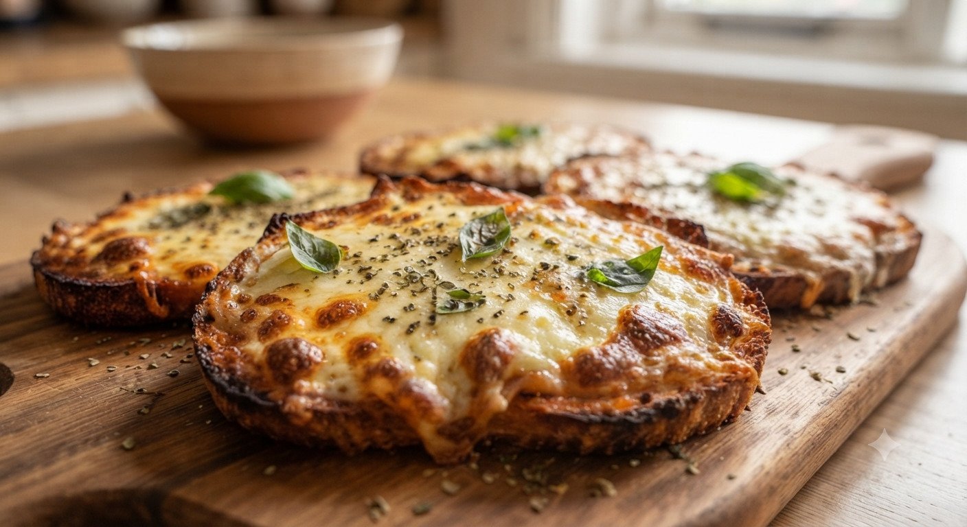 Tostas de pizza crujientes con queso fundido en freidora de aire