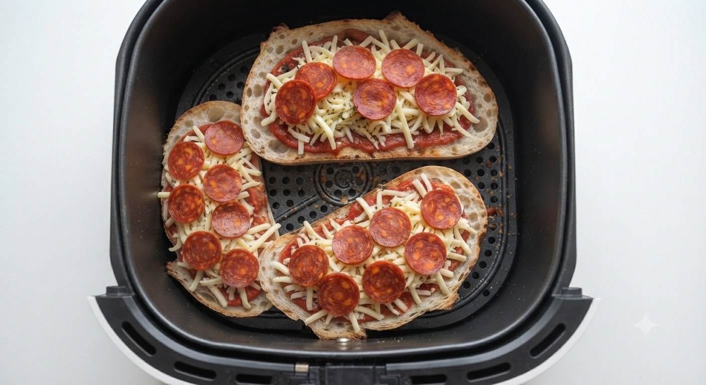 Tostas montadas dentro de la cesta de la freidora de aire