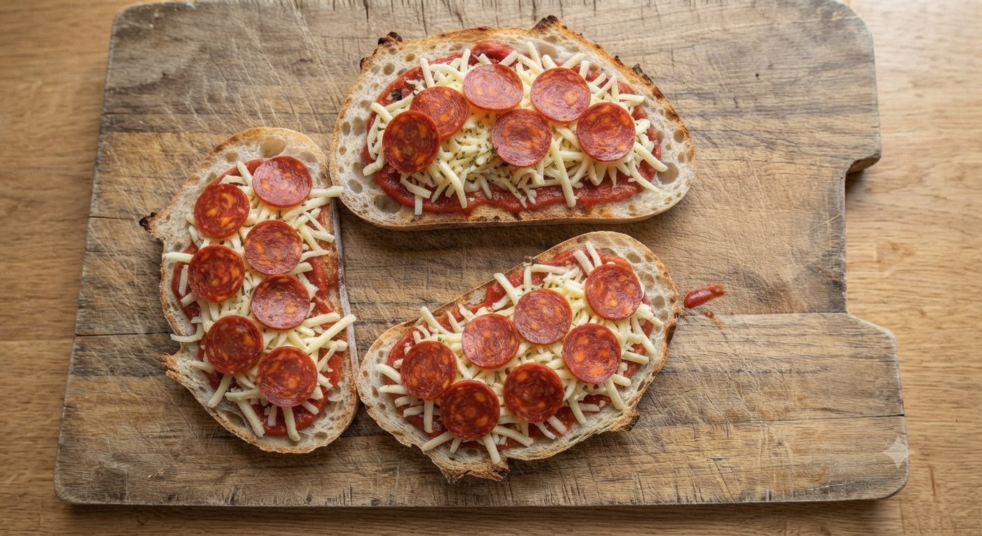 Rebanadas de pan con salsa de tomate, queso rallado y rodajas de chorizo antes de cocinar
