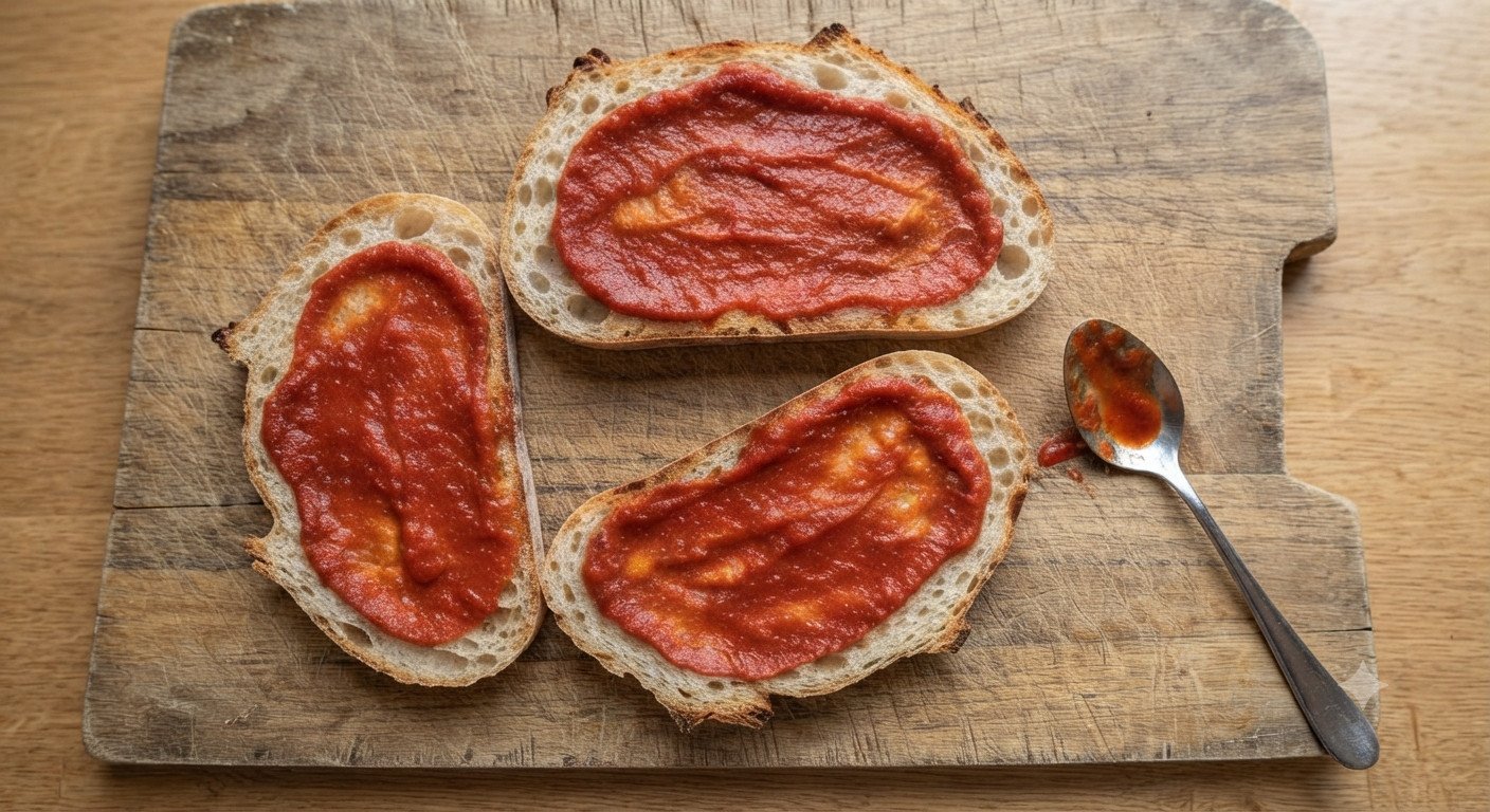 Rebanadas de pan con salsa de tomate extendida encima