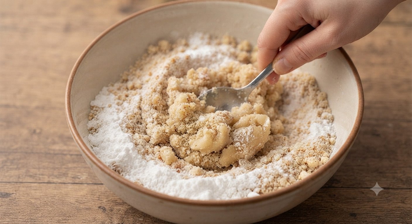 Masa de mazapán siendo amasada con almendra molida, azúcar glas y clara de huevo en un bol