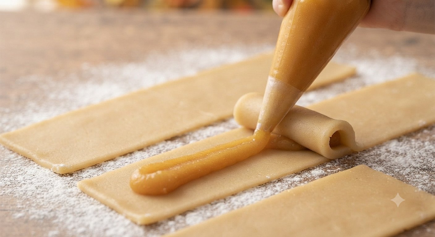 Tiras de mazapán enrolladas en forma de cilindro alrededor del relleno de yema, sobre una tabla enharinada con azúcar glas