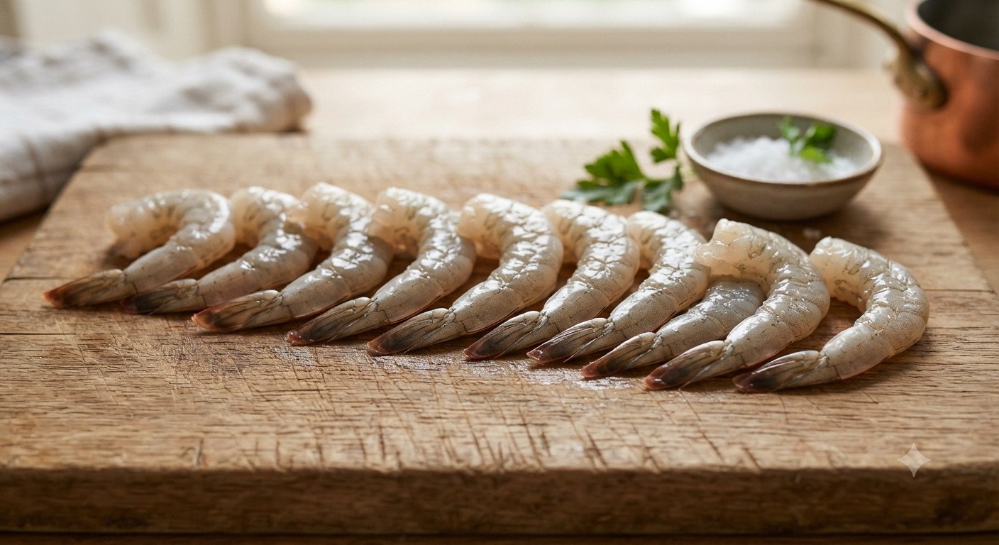 Langostinos pelados con la cola intacta sobre una tabla de madera